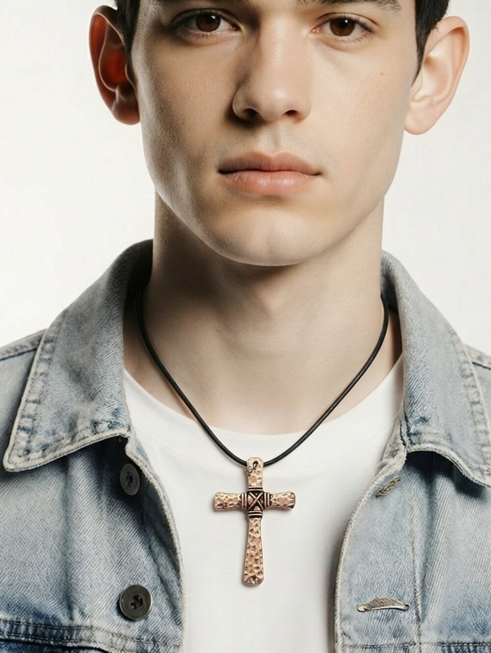 Bronze Cross Necklace Men's Christian Faith Pendant Black Cord Religious NWT